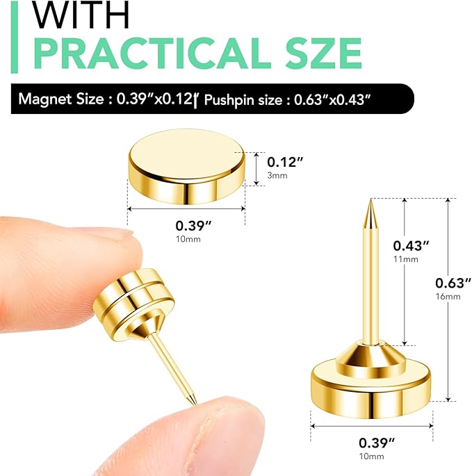 E BAVITE 50 Set Magnetic Push Pins,Flat Push Pin, Magnetic Thumb Tacks for Wall Bulletin Board Poster and Photo Hangers (Gold)