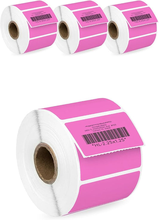 HOUSELABELS 2.25" x 1.25" Pink Address Labels on 1" Core Compatible with Zebra and Rollo Printers, 4 Rolls / 1,000 Labels per Roll