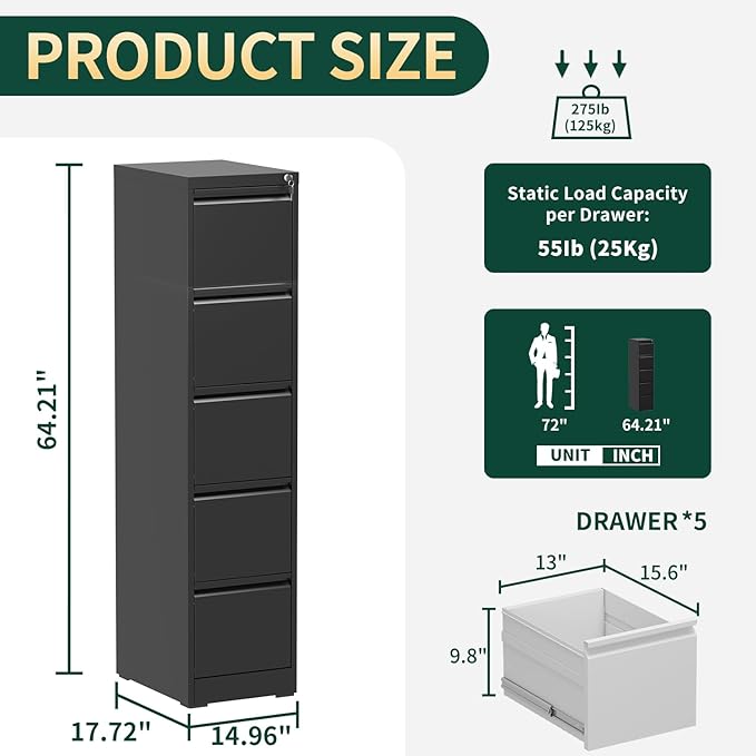 Yukimo 5 Drawer File Cabinet with Lock, Vertical Filing Cabinets for Home Office, Locking File Cabinet Hanging Files for A4/ Legal/Letter, Require Assembly, Black