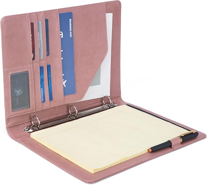 Geslun Vegan Leather 3 Ring Binder, 8.5 x 11 Letter Size Folio with Pen Holder, Soft Notebook Portfolio Cover, Slim Notepad Padfolio Thin File Organizer for Work Executive Meeting, Pink