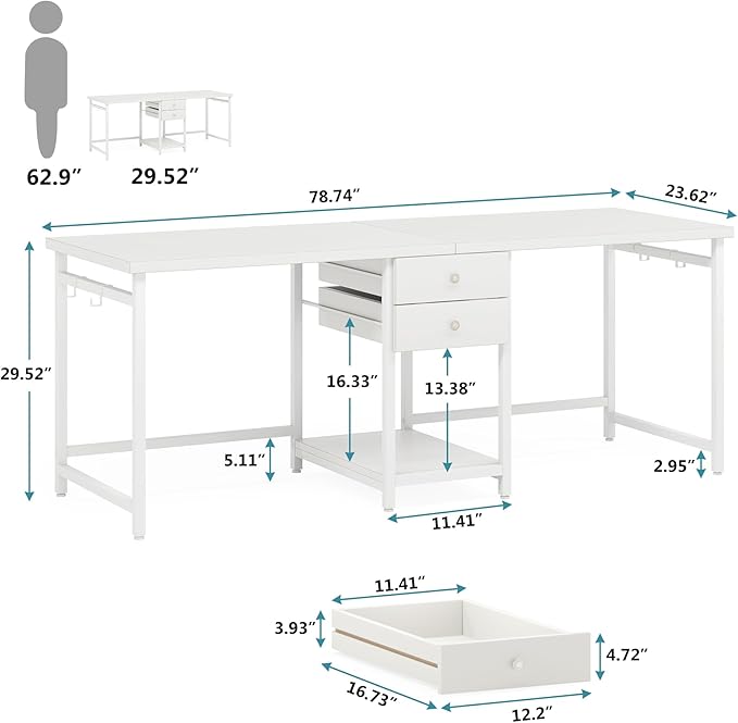 Tribesigns 79 Inch Extra Long Double Desk with 2 Drawers, Two Person Computer Desk with Storage Shelves, Writing Table Study Desk for Home Office, White