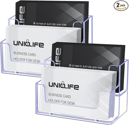 Uniclife 2 Pack Acrylic Business Card Holder for Desk 2 Slots Clear Business Card Display Stand for Men & Women Desktop Business Card Organizer Card Stand for Office Home Exhibition, 120 Card Capacity