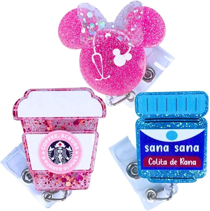 3 PC Nurse Badge Reel Cute Funny Pink Name Tag ID Clip Retractable Holder for Nurses Medical Assistant Accessories Pharmacy Nursing Student RN CNA ER Hospital Work Bulk Gifts Essentials