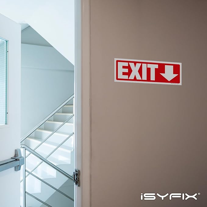 iSYFIX Exit Signs Stickers 2 Pack 12x4 Inch - Laminated Premium Vinyl Directional Down Arrow Signs for Buildings, Office, Workplace, Stores, Schools, Theaters, Parking, Restaurants, Factories