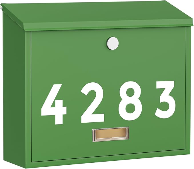 LAND·VOI Locking Wall-Mount Mailbox for Outside, with 4 Keys, Galvanized Steel Rustproof Metal Postbox, 4" Dx13.8 Wx11.2 H, Includes 3 Sets of Mailbox Numbers, Nameplate, Green