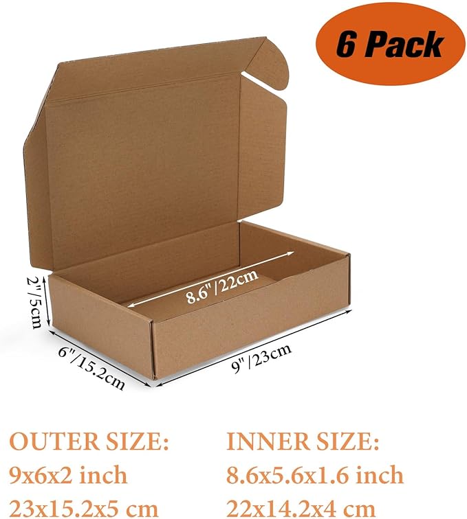 PHAREGE 9x6x2 inch Shipping Boxes 6 Pack Brown, Tab Lock Tuck Top Mailer Boxes for Packaging Small Business, Small Cardboard Gift Boxes for Wrapping Mailing Present