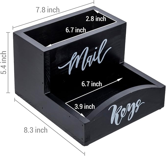 MyGift Urban Modern Mail Holder and Key Organizer Tray in Black Stained Solid Wood Finish, Entryway Storage Catchall with Cursive Mail and Keys Word Design, Office Desktop Organizing Bin