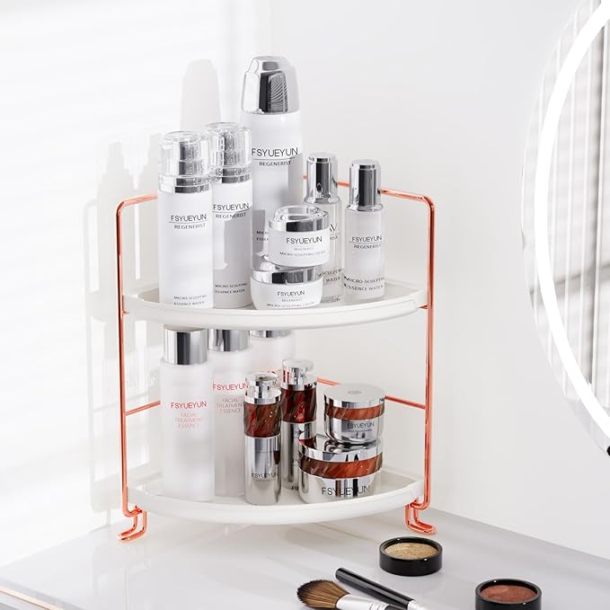 FSyueyun 2-Tier Corner Bathroom Counter Organizer, Tool-Less Installation Vanity Shelf Small Plastics Countertop Makeup Tray Skincare Perfume Organizers (Rose Gold)