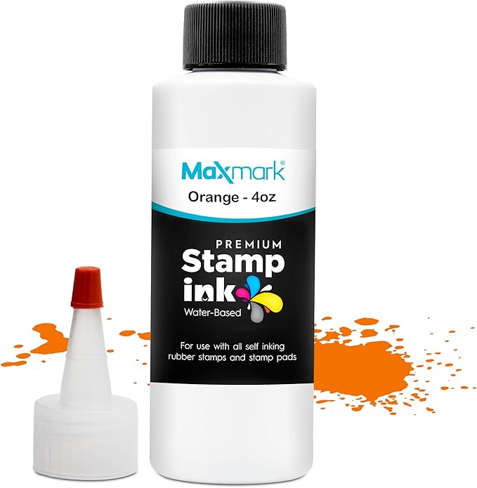 MaxMark Premium Refill Ink with Control Tip Bottle for Self-Inking Stamps, Orange Color - 4 oz.