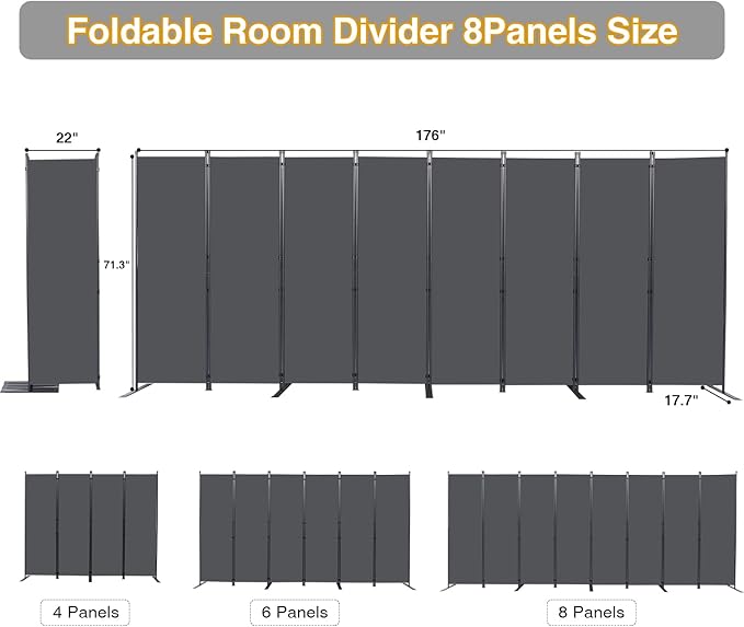 CHOSENM Room Divider, 8 Panel Folding Privacy Screens with Wider Support Feet, 6 Ft Portable Room Partition for Room Separator, 176" W X 71" H, Grey