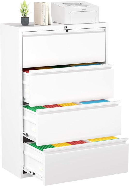 Greenvelly 4 Drawer File Cabinet, Metal Filing Cabinet with Lock, White Lateral File Cabinet for Home Office, Locking File Cabinet for Letter/Legal/F4/A4 Size Hanging Files, Easy Assembly