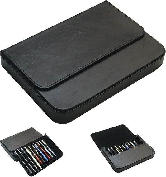 MIVLXLX PU Leather 12 Fountain Pen/Pencil Tray Case Organizer, Fashion Design, Handmade, Magnetic Closure with Drawer, Christmas Gift for Man/Woman/Office, 12 Slots(black)