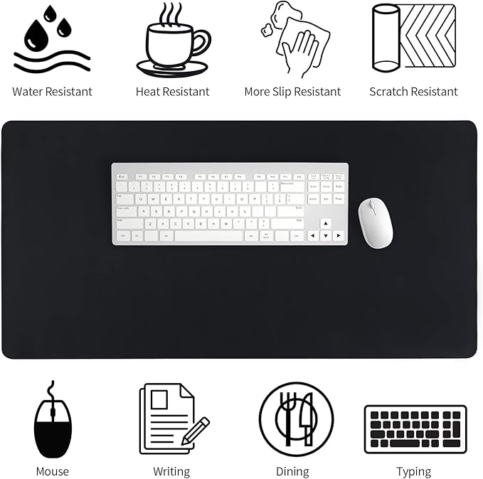 Leather Desk Pad, Mouse Pad, Non-Slip Desk Protector Mat, Leather Desk Blotter, Computer Desk Pad, Waterproof Desk Mat for Home Office and Decor - Black (31.5×15.7 Inches)