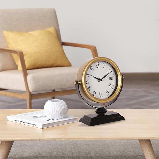 QIYAODECO Desk Clock - Classic Vintage Clock and Decorative Shelf Decor,Silent Non-Ticking Clock with Distressed Metal Frame for Office, Living Room or Bedroom