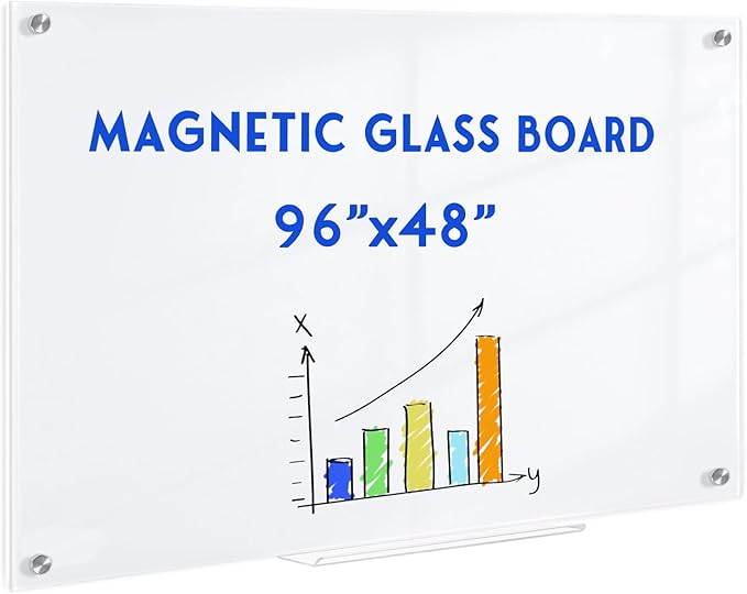 Magnetic Glass Whiteboard, 8' x 4' Glass Dry Erase Board for Wall, 96" x 48" Large Frameless White Board with 1 Marker Tray and 10 Magnets for Office, Home, Classroom - Ultra White