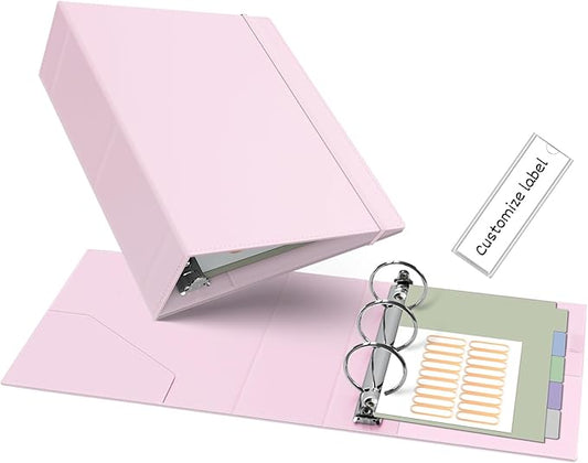 Ospelelf Leather Mini Binder Vintage Hardcover 2 Inch Rings, Professional Small 3 Ring Binders Organizer Suitable for 5.5" x 8.5" Documents, Binder Dividers with Tabs, Pink