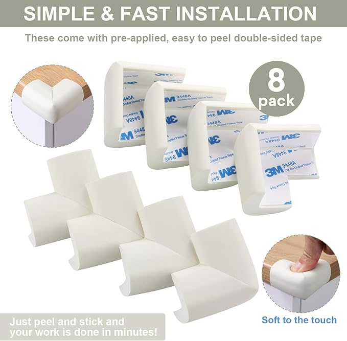 8 Pack Soft Corner Protector Baby Proofing Edge and Corner Guards, Safety Pre-Taped Rubber Foam,Child Safety Furniture Bumper, Corner Protectors for furniturey, Soft Sponge Table Corners, White