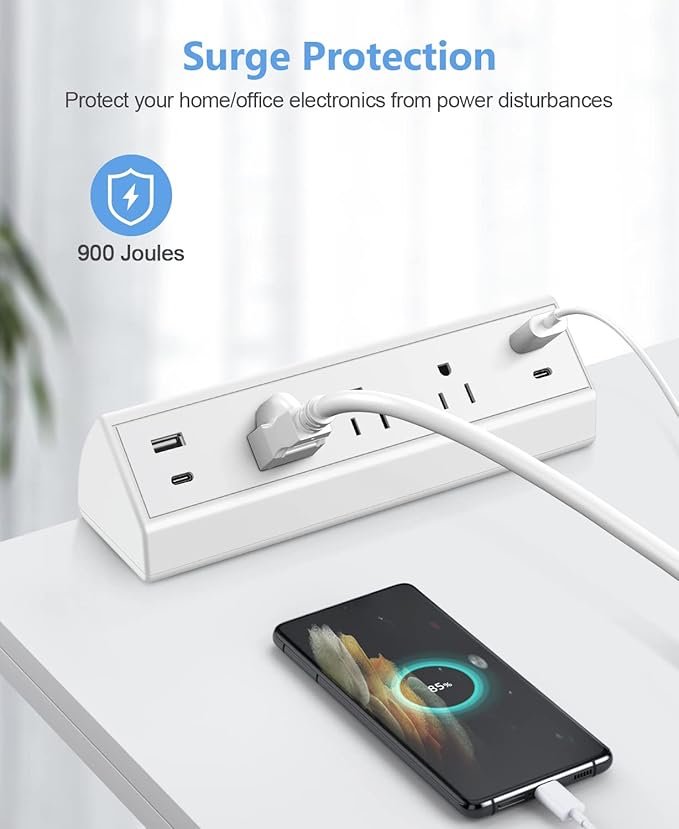 Desk Clamp Power Strip,40W Fast Charging Station,Desktop Mount Surge Protector,2 PD 20W USB C Ports,3 Outlets for Home,Office,Fit 1.9" Tabletop Edge (White, 3 Outlets & 4 USB Ports & 25 FT Cable)