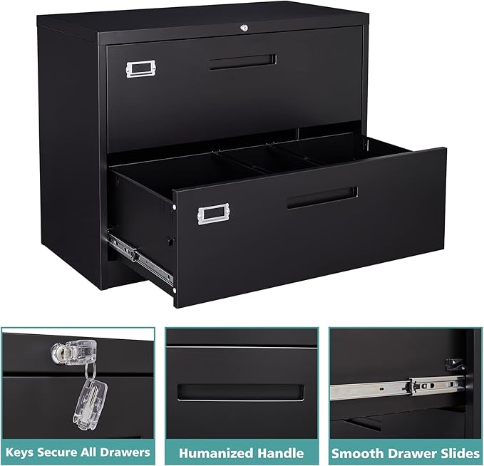 MIIIKO Lateral File Cabinet 2 Drawer, Black Metal File Cabinet with Lock, 35.4" Wide Drawers Storage File Cabinet for Hanging Files Folders Letter/Legal/A4 Size