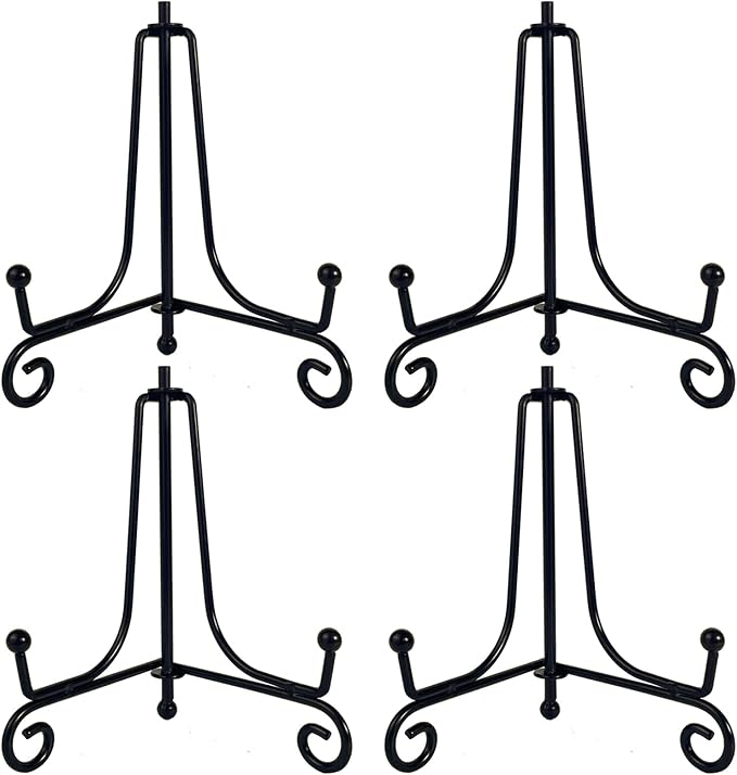 HENABLE 4PCS Premium Black Iron Plate Stands for Display 4 Inch, Decorative Solid Metal Plate Holders for Displaying, Mini Easel, Frame, Book, Card, Plaque, Bowl, Picture Stands for Display