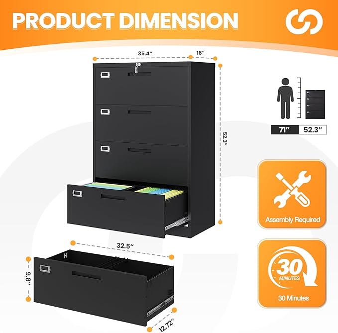 AFAIF 4 Drawer File Cabinets for Home Office, Metal Filing Cabinet with Lock, Black Locking File Caninet Four Drawer, Office Storage Caninets Steel Cabnet for Letter/Legal/A4/F4-Assembly Required