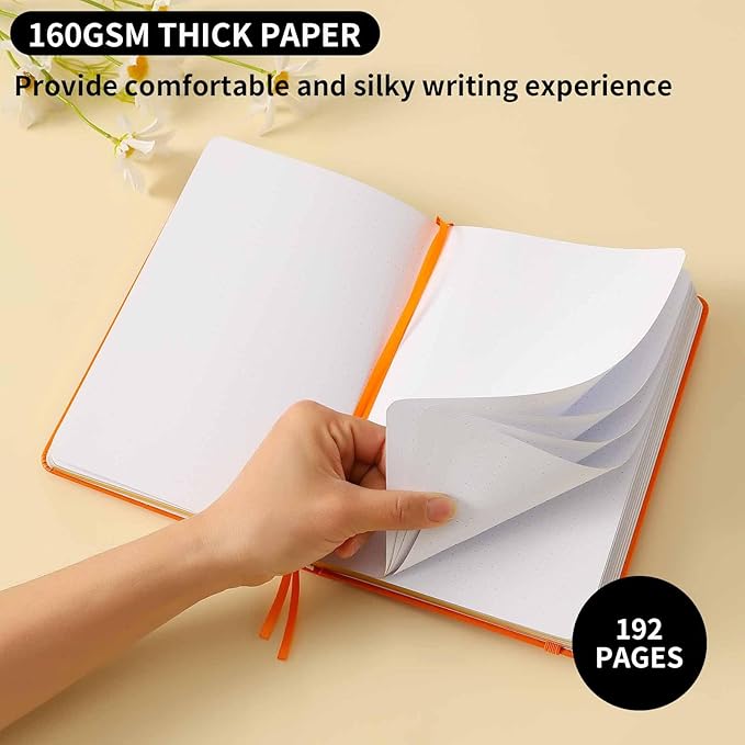 Crein Lynh Dot Grid Journal with 160GSM Thick Paper, 192 Pages, A5 Dotted Notebook for Work, School, Travel | 180° Lay Flat, Foil Stamped Cover, Elastic Band, 2 Bookmarks & Inner Pocket (Orange)