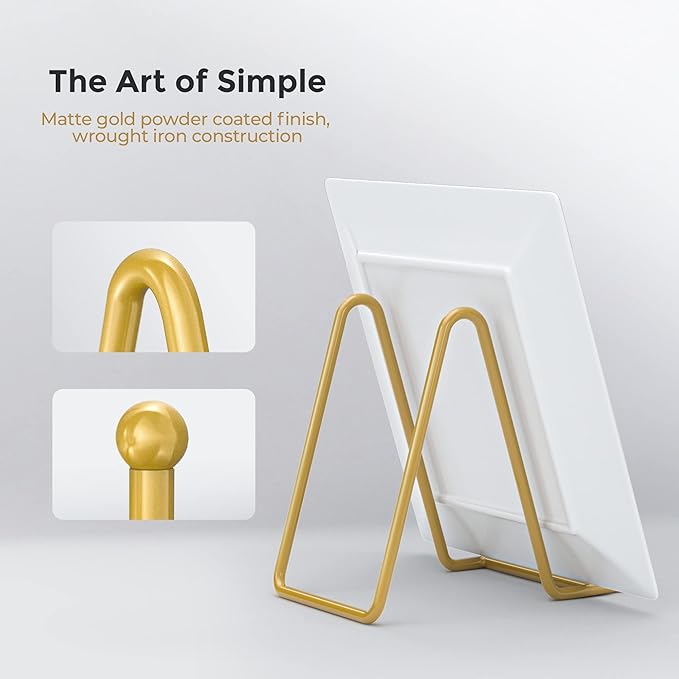 TR-LIFE Plate Display Stand - 3 Inch Holder + Metal Frame for Picture, Decorative Plate, Photo Easel, Tabletop Art (Gold 2 Pack)