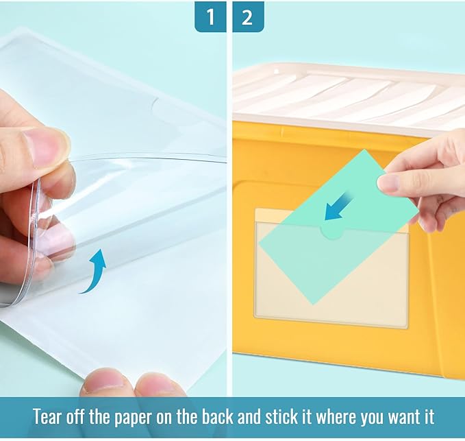 60 Pack 3" x 5" Index Card Pockets with Top Open Self-Adhesive Index Card Holders Clear Plastic Labels Holders for Storage Bins, Organizing