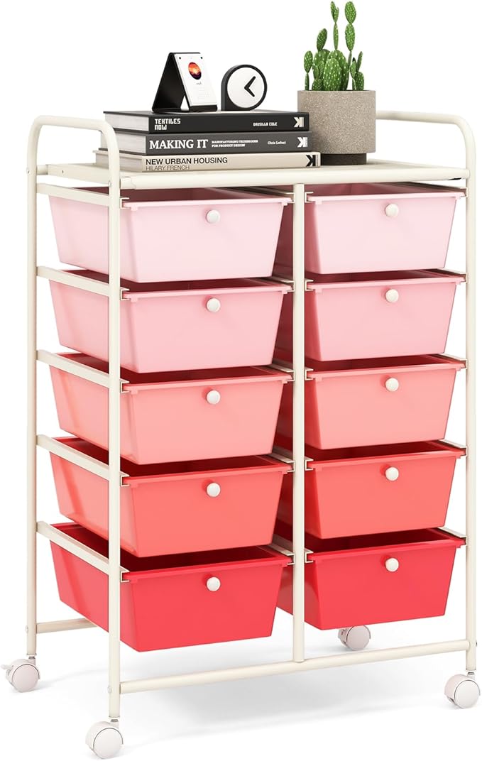 LDAILY 10 Drawer Rolling Cart, Storage Cart Organizer on Wheels, Drawer Cart with Metal Frame & Large Storage Capacity, Rolling Cart with Drawers for Living Room Classroom, Office