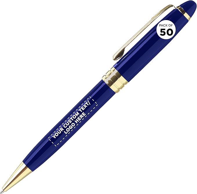 DISCOUNT PROMOS 50 Ultra Executive Pens Pack - Customizable Text, Logo - Twist To Write, Gold Accent - Blue