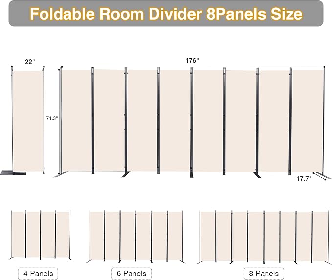 CHOSENM Room Divider, 8 Panel Folding Privacy Screens with Wider Support Feet, 6 Ft Portable Room Partition for Room Separator, 176" W X 71" H, Beige