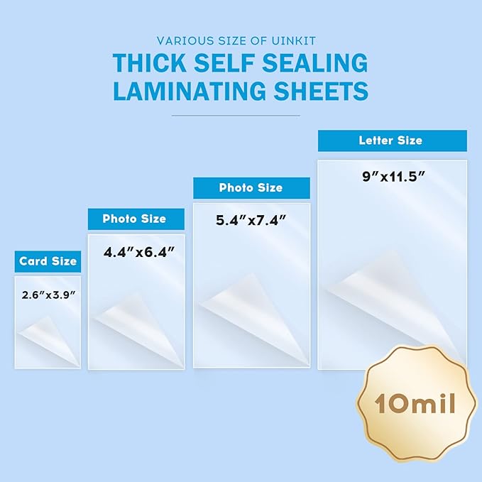 Uinkit 10Mil 20Pack 5”x7“ Double-Sided Self-Sealing Laminating Pouches, Thick for Certificates, Art Prints, Diplomas, Menus, Premium Display Protection with Crystal Clear Gloss Finish - No Machine
