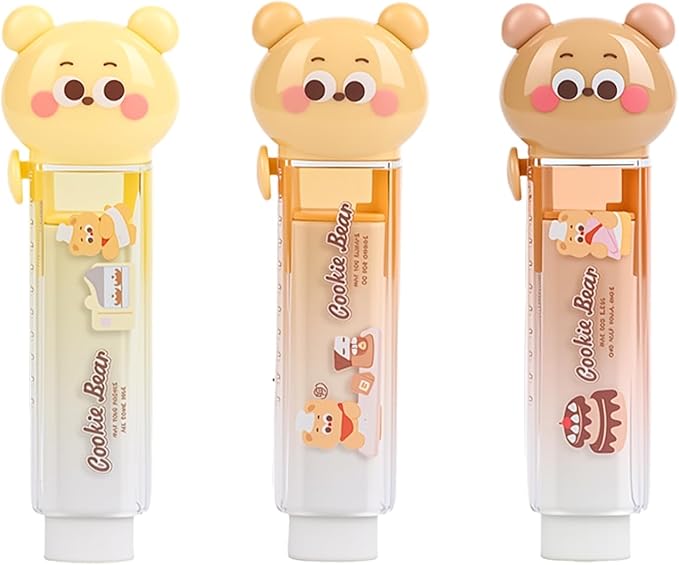 3PCS Retractable Pencil Eraser, Cute Erasers,Kawaii Bear Eraser in Three Colors,Suitable for School Home Office Supplies