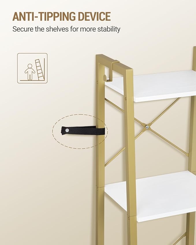 Hzuaneri Ladder Shelf, Bookshelf Bookcase, Freestanding Corner Storage Shelve with 2 Hooks for Home Office, Living Room, Kitchen, Bedroom, Industrial, 11.8" D x 13.4" W x 47.2" H, White Gold BC13213G