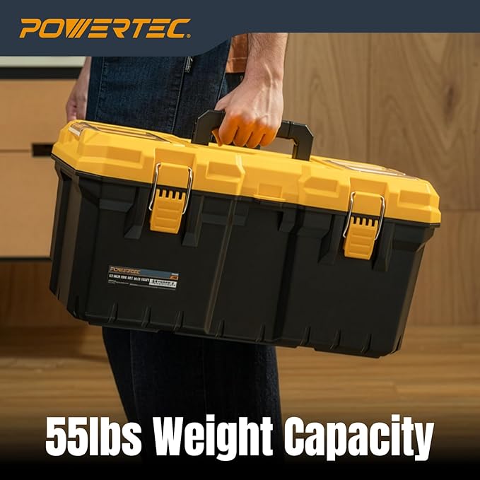 POWERTEC 22-Inch Tool Box with Trays - Lockable, Metal Latch, Organizer, Portable Storage for Tools, Small or Mid-Sized Parts (72363)