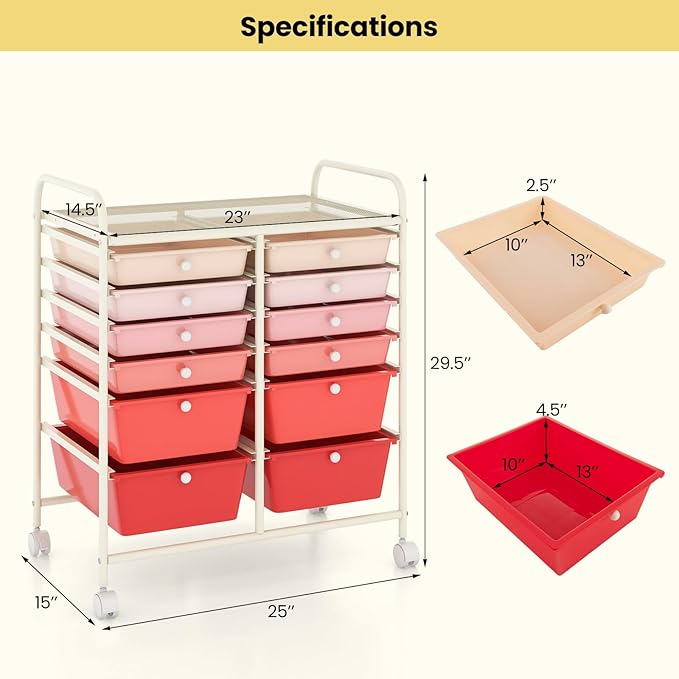 Giantex 12 Drawer Rolling Storage Cart Tools Scrapbook Paper Office School Organizer (Pink Gradient)