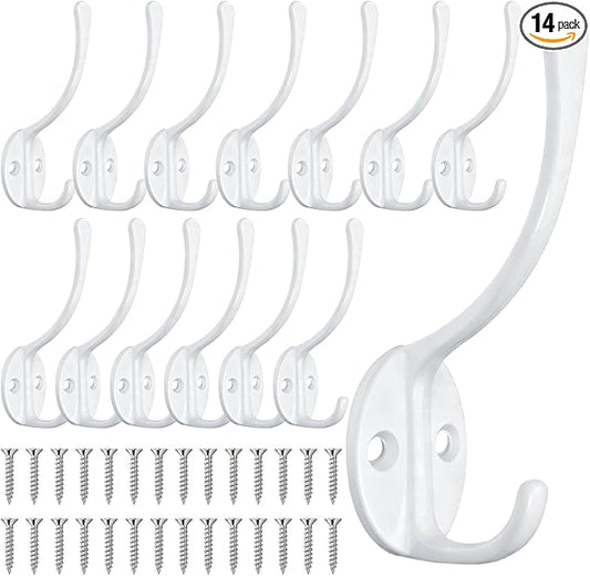 Homanu 14 Pack Coat Hooks Wall Mounted with 28 Screws, Heavy Duty White Towel Hooks Metal Double Hooks, No Rust Retro Rustic Wall Hooks for Hanging Towel, Coat, Scarf, Bag, Hat, Cup, Key