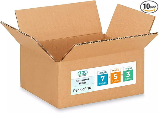 IDL Packaging - B-753-10 Small Corrugated Shipping Boxes 7"L x 5”W x 3"H (Pack of 10) - Quality Choice of Sturdy Packing Boxes for USPS, UPS, FedEx Shipping