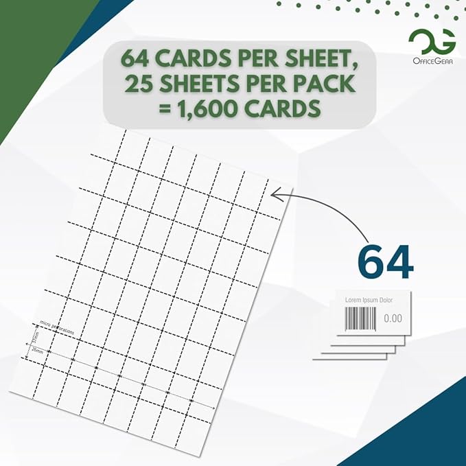 OfficeGear Shelf Edge Barcode Price Ticket Labels 64-up [25 Sheets - 1600 Pack] 37x26mm Custom Printable A4 Card Micro Perforated Non-Adhesive Merchandise Tag with Free Downloadable Design Template