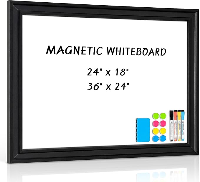 White Board for Wall, 24'' x 18'' Magnetic Dry Erase Board, Decorative Black Vintage Wooden Frame Whiteboard for Home Office School Dorm Kitchen