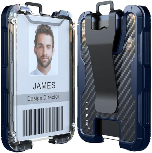 LIUGX Carbon Fiber Badge Holder, ID Card Holder with Metal Clip - Heavy Duty Portable Wallet (Holds 1to 4 Cards),for Office Police Worker Outdoor, Dark Blue