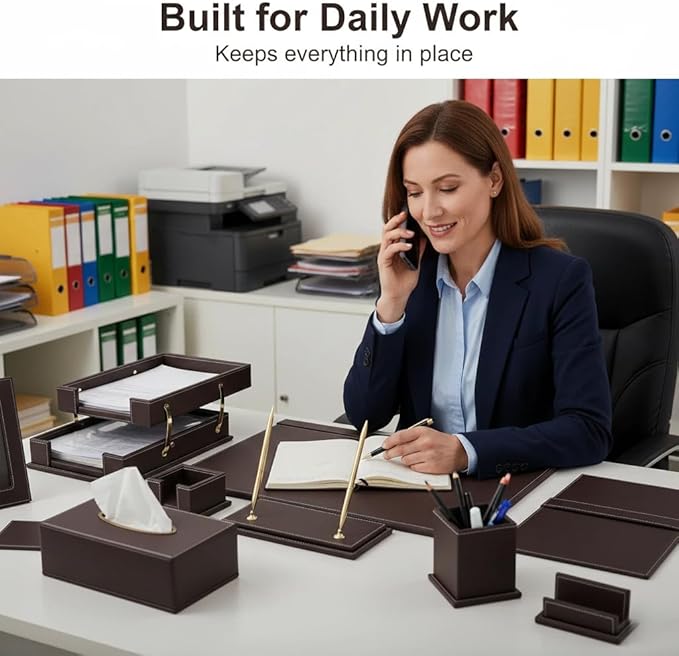 RitPin Desk Set, 11-Piece All-in-One – Executive Desk Accessories & Office Supplies, Leather Desk Organizer with Desk Pad & Blotter, 2-Tier Letter Tray, Luxury Office Desk Decor & Boss Gifts (Brown)