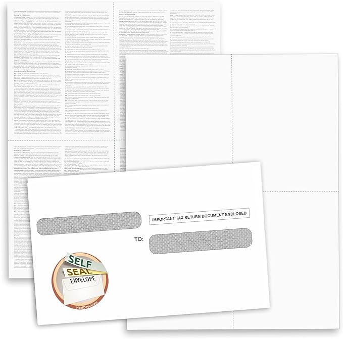 NextDayLabels - W-2 4-Up Employee Tax Forms, Instructions on Back" for 2025, for Laser/Inkjet Printer. Compatible with QuickBooks and Accounting Software ETC. (Pack of 25 Sheets & Self Seal Envelopes)