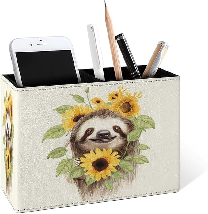 Famame Sloth Sunflower Pencil Holder for Desk, Leather Desktop Container Pen Cup Storage Study Table Pen Organizer Makeup Brush Holder for Classroom Office Home