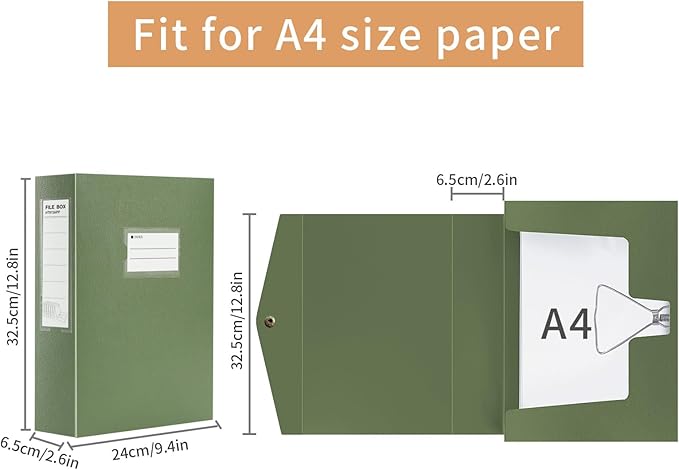 HUA JIE 2 Pack A4 Storage File Boxes Archives Case,65mm Spine,Box File Document Storage Box with Metal Clip for Office School -Green