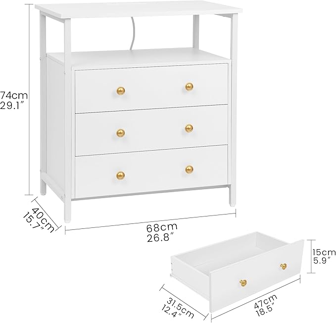 Edbuosy 3 Wooden Drawers Nightstand, 27 Inch Wide Night Stand Set 2 with Charging Station and Adjustable Drawers, Small Dresser for Closet, Bedside Table for Living Room/Bedroom/Office, White.