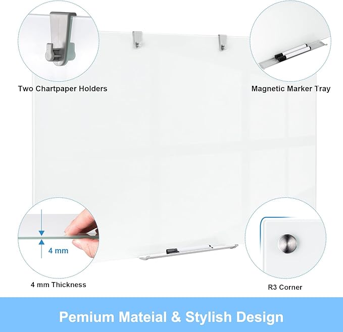 48 x 36 Inches Glass Whiteboard, Magnetic Glass Dry Erase Board for Wall, 4' x 3' Brilliance White Board for Office, Home, School
