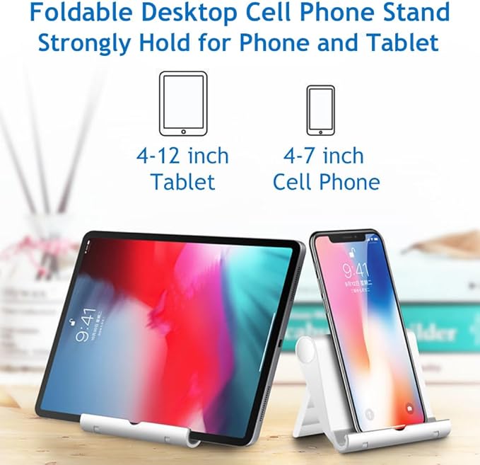JUSDIQIR Cell Phone Stand for Desk Foldable Cell Phone Holder Desk Tablet Holder Mobile Phone Dock, Multi-Angle Universal Adjustable Tablet Dock Compatible with Most Cell Phones (White)