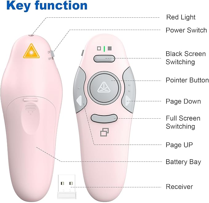 QUI Presentation Clicker Wireless Presenter Remote Clicker for PowerPoint Presentation Remote, PowerPoint Slide Advancer for Mac/Windows/Linux, Google Slide/PPT/Keynote, USB A, Pink
