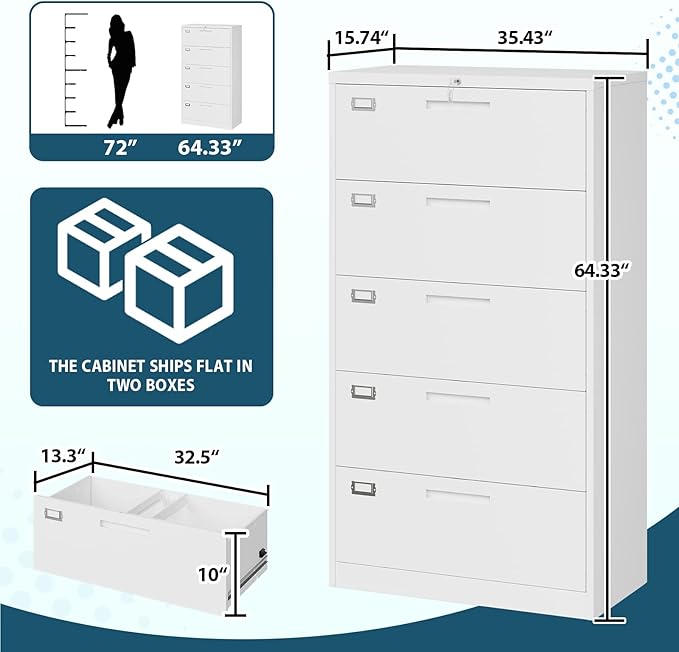 MIIIKO Lateral File Cabinet with Lock, 5 Drawer Metal File Cabinets 35.4" Wide, Home Office Locking Filing Cabinets for Legal Letter File Folders